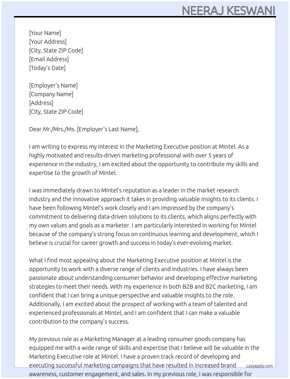 Marketing Executive  At Mintel  Cover Letter