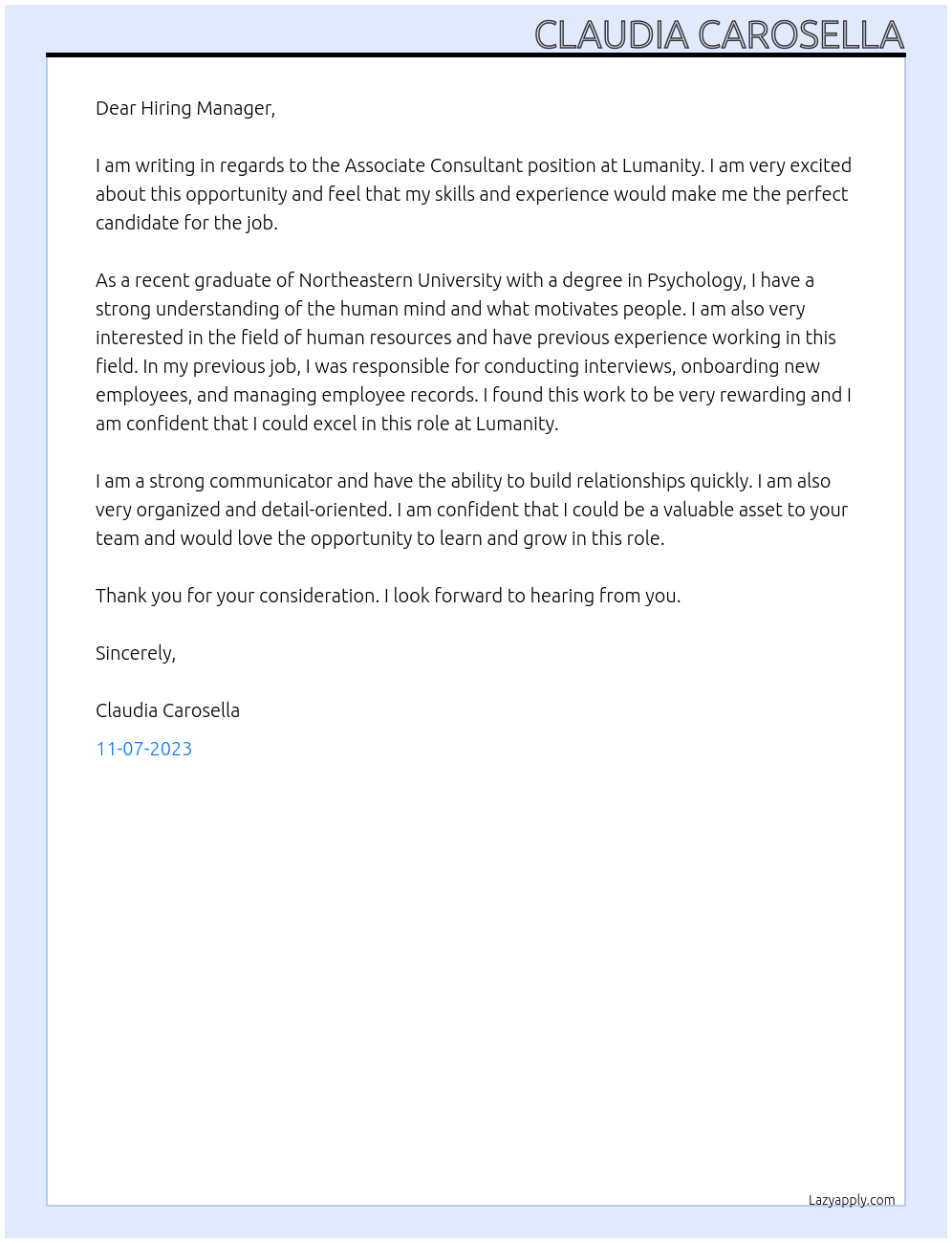 Associate Consultant At Lumanity Cover Letter