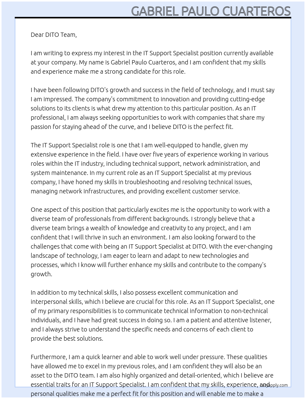 IT Support Specialist At DITO Cover Letter