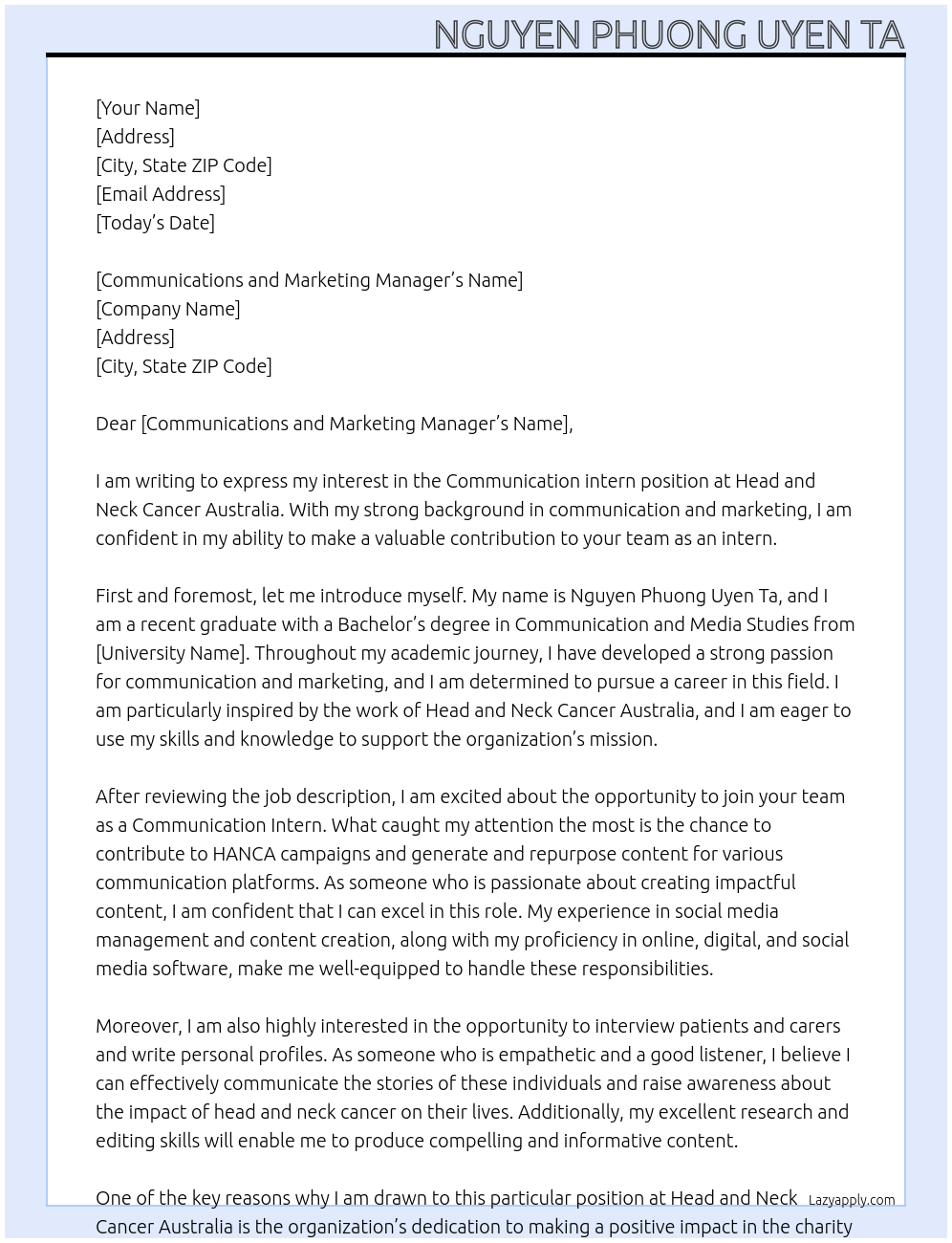 Communication intern At Head and Neck Cancer Australia Cover Letter
