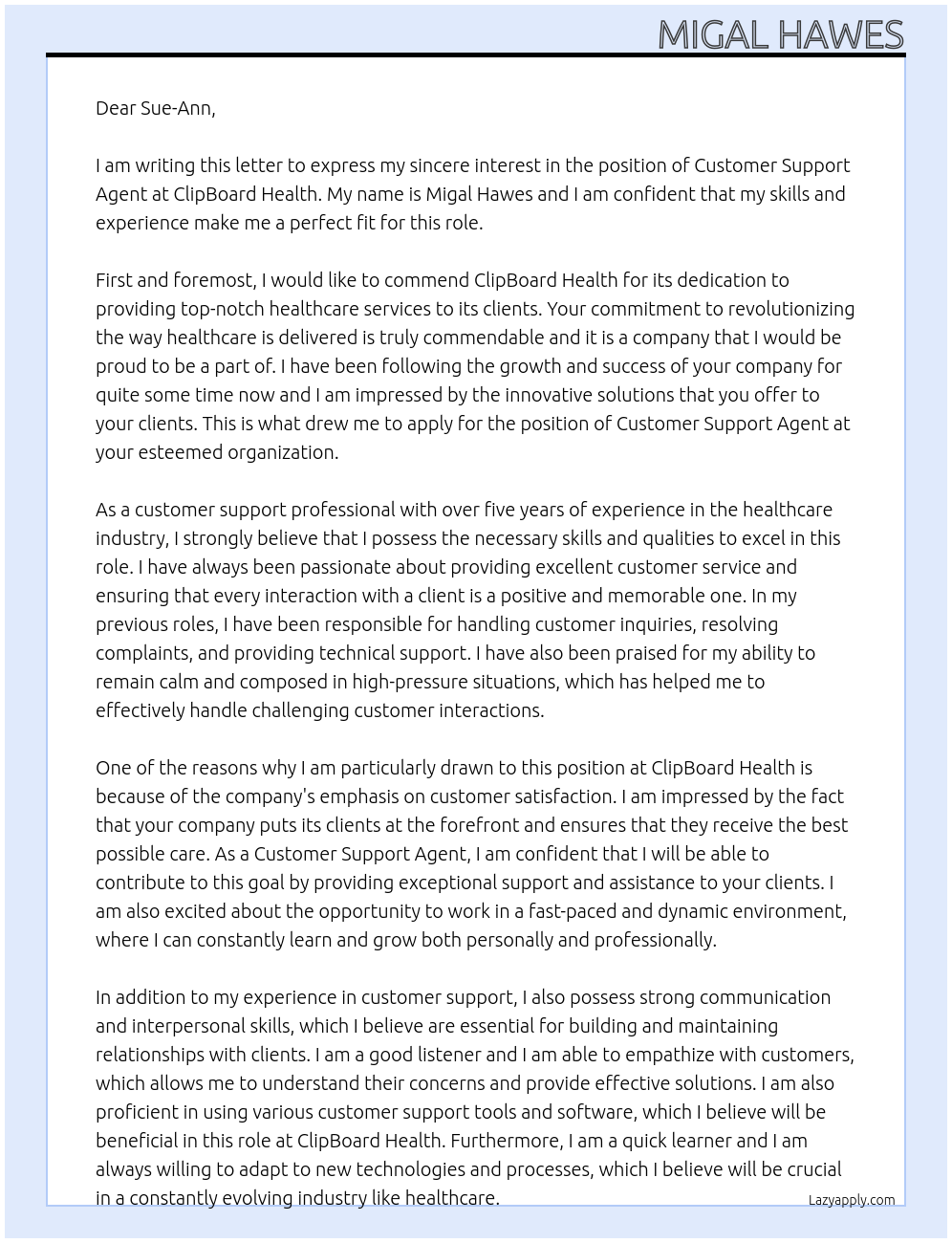 Customer Support Agent At ClipBoard Health Cover Letter