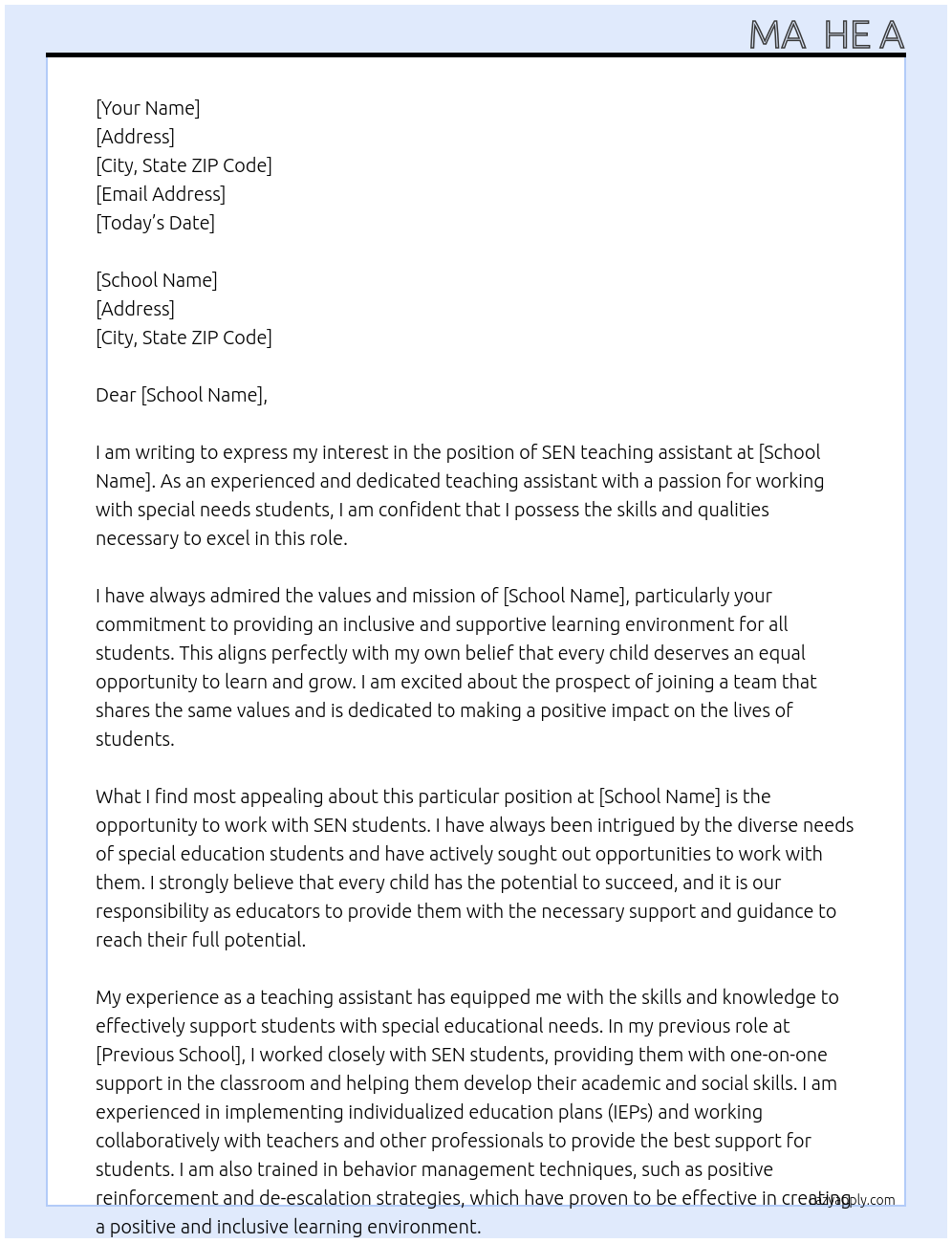 SEN teaching assistant  At School  Cover Letter