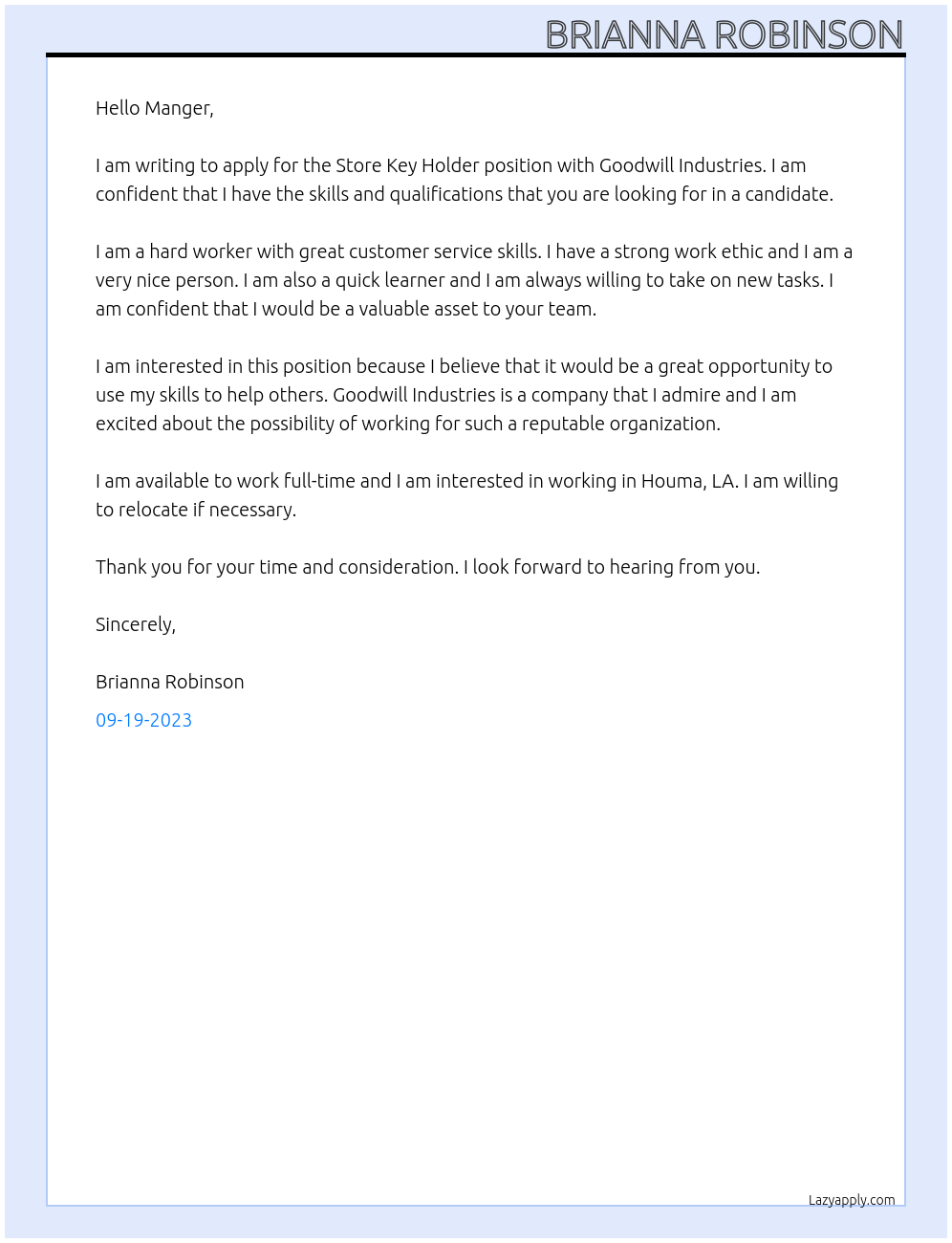  Store key holder  At Goodwill industry Cover Letter