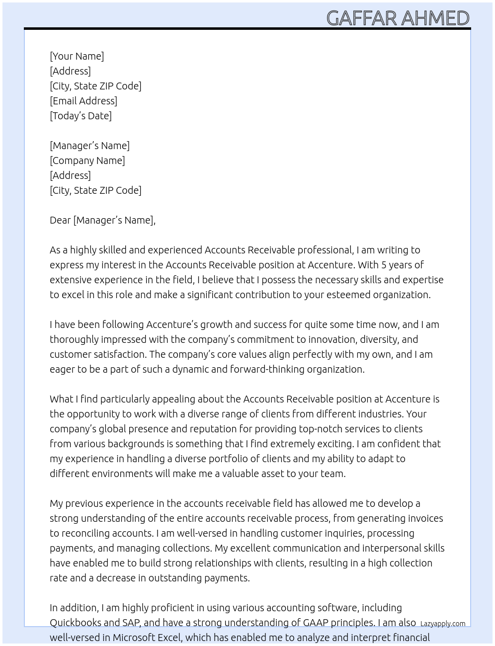 ACCOUNTS RECEIVABLE At ACCENTURE Cover Letter
