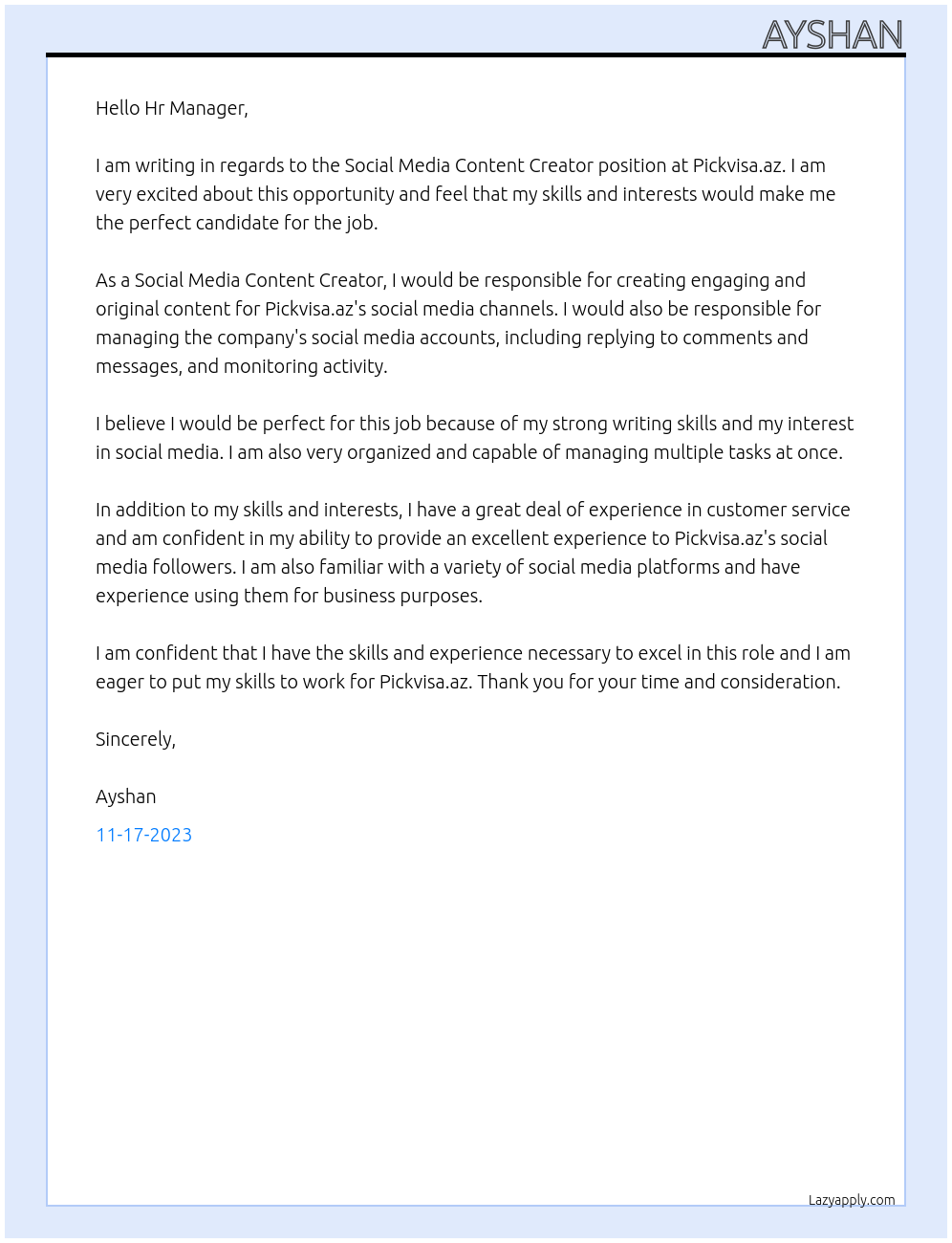 Social Media Content Creator At Pickvisa.az Cover Letter