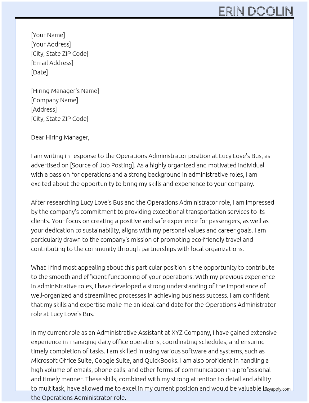 Operations Administrator At Lucy Love's Bus Cover Letter