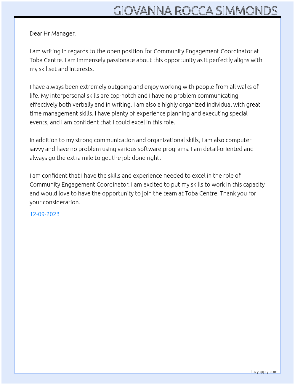 Cover letter for community engagement coordinator - LazyApply