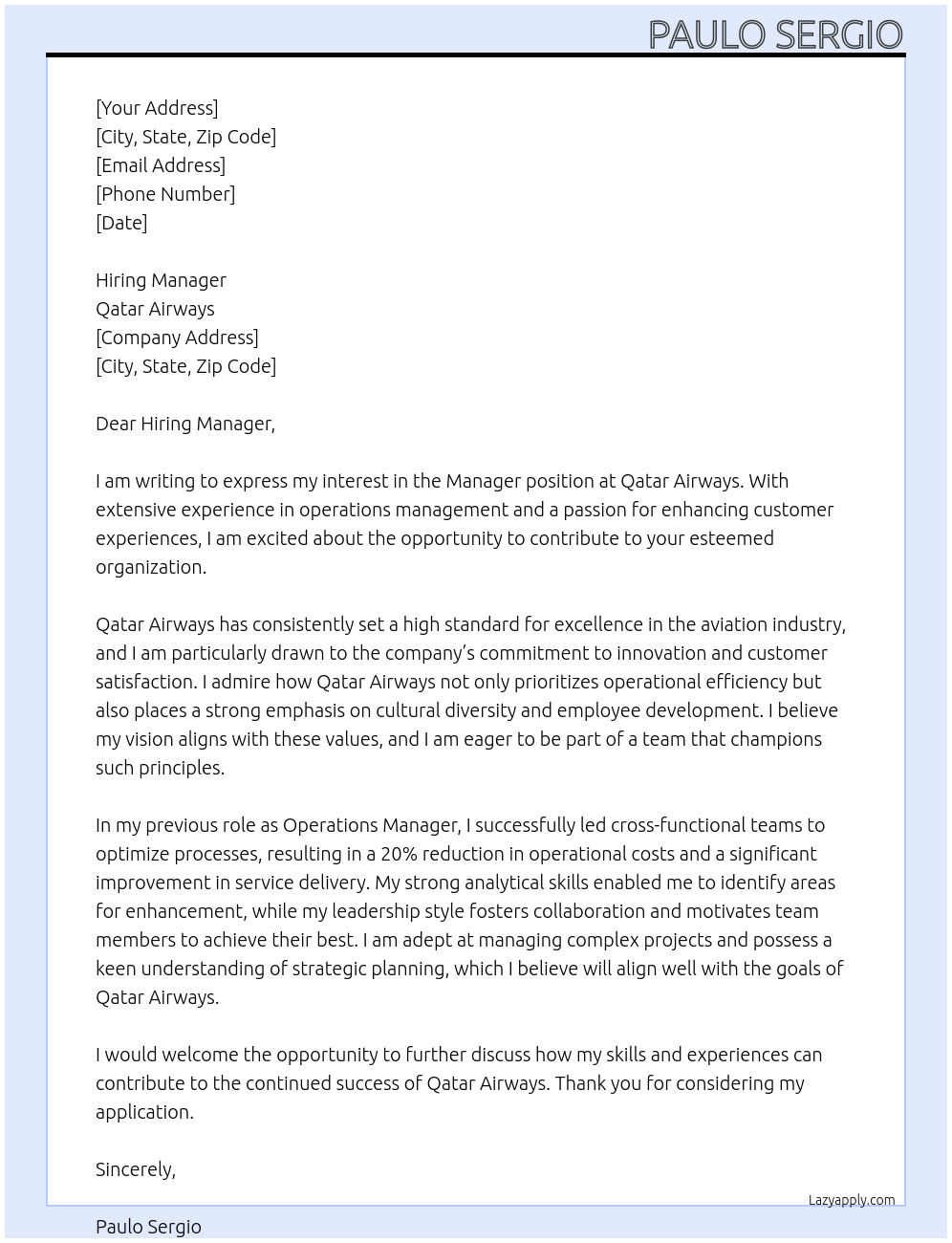 manager At qatar airways Cover Letter