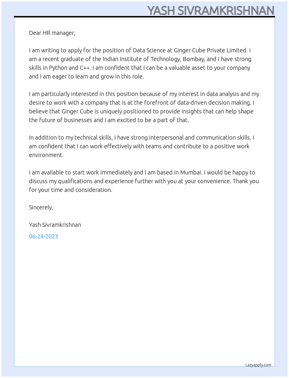 Data Science At Ginger Cube Private Limited Cover Letter