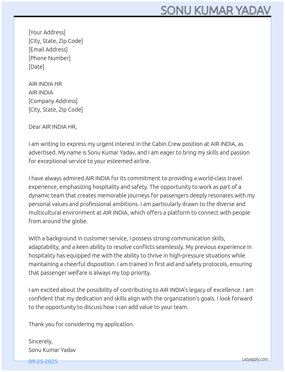 Cabin crew  At AIR INDIA  Cover Letter