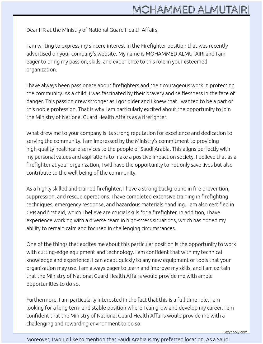Firefighter At Ministry of National Guard Health Affairs Cover Letter