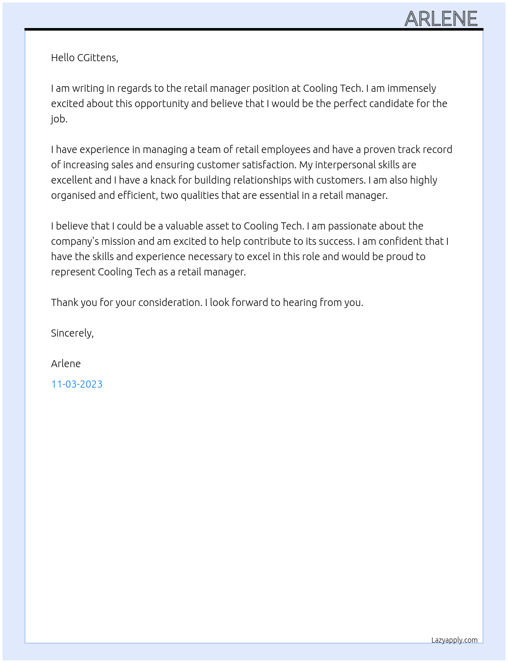 retail manager At Cooling tech Cover Letter