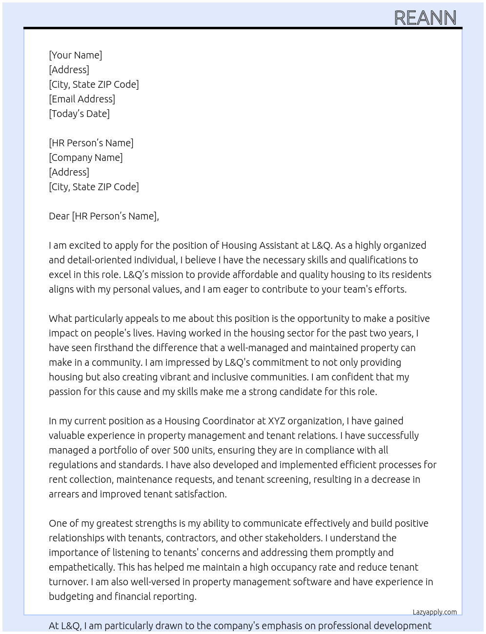 housing assistant  At l&q Cover Letter