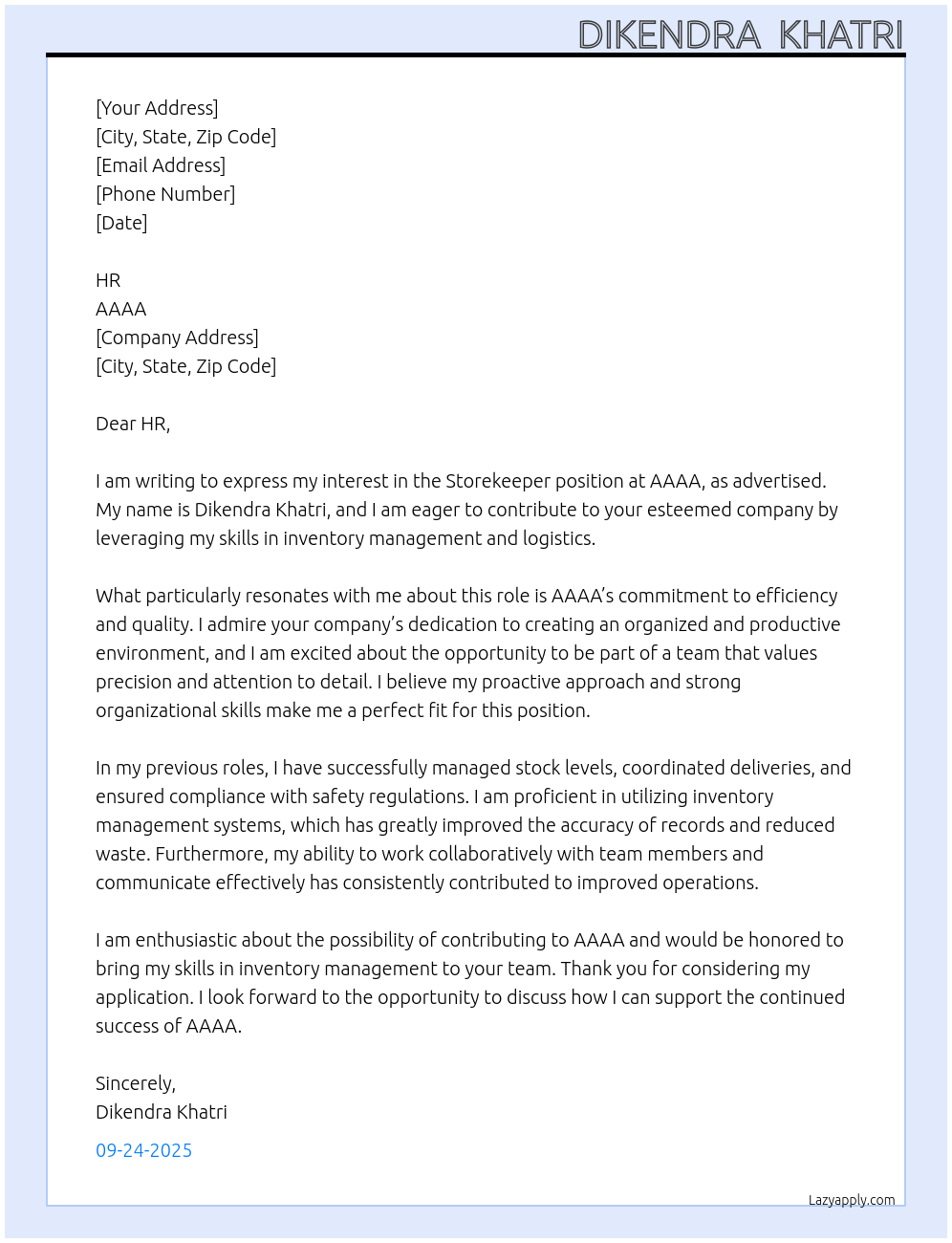 storekeeper  At aaaa  Cover Letter