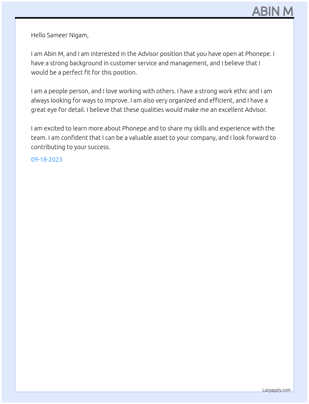 Advisor At Phonepe Cover Letter