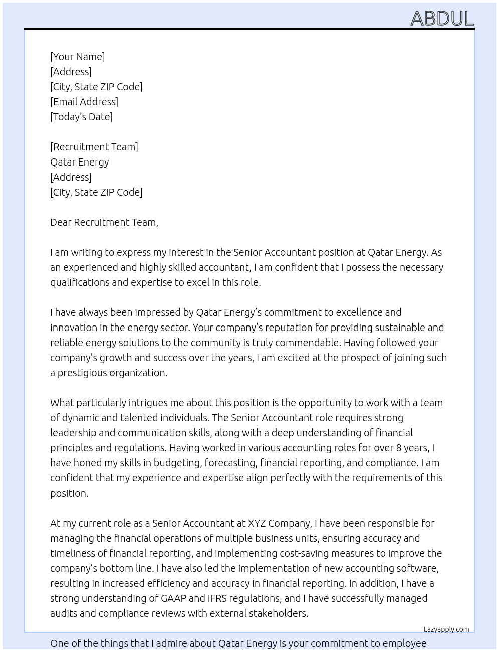 Senior Accountant At Qatar Energy Cover Letter