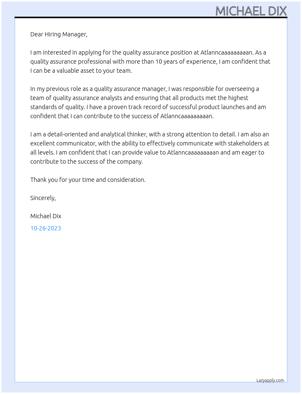 quality assurance At Atlanncaaaaaaaaan Cover Letter