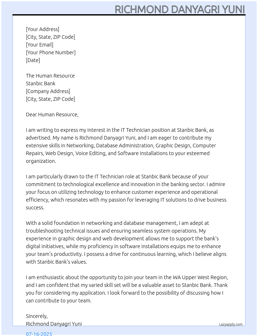 IT Technician At Stanbic Bank Cover Letter