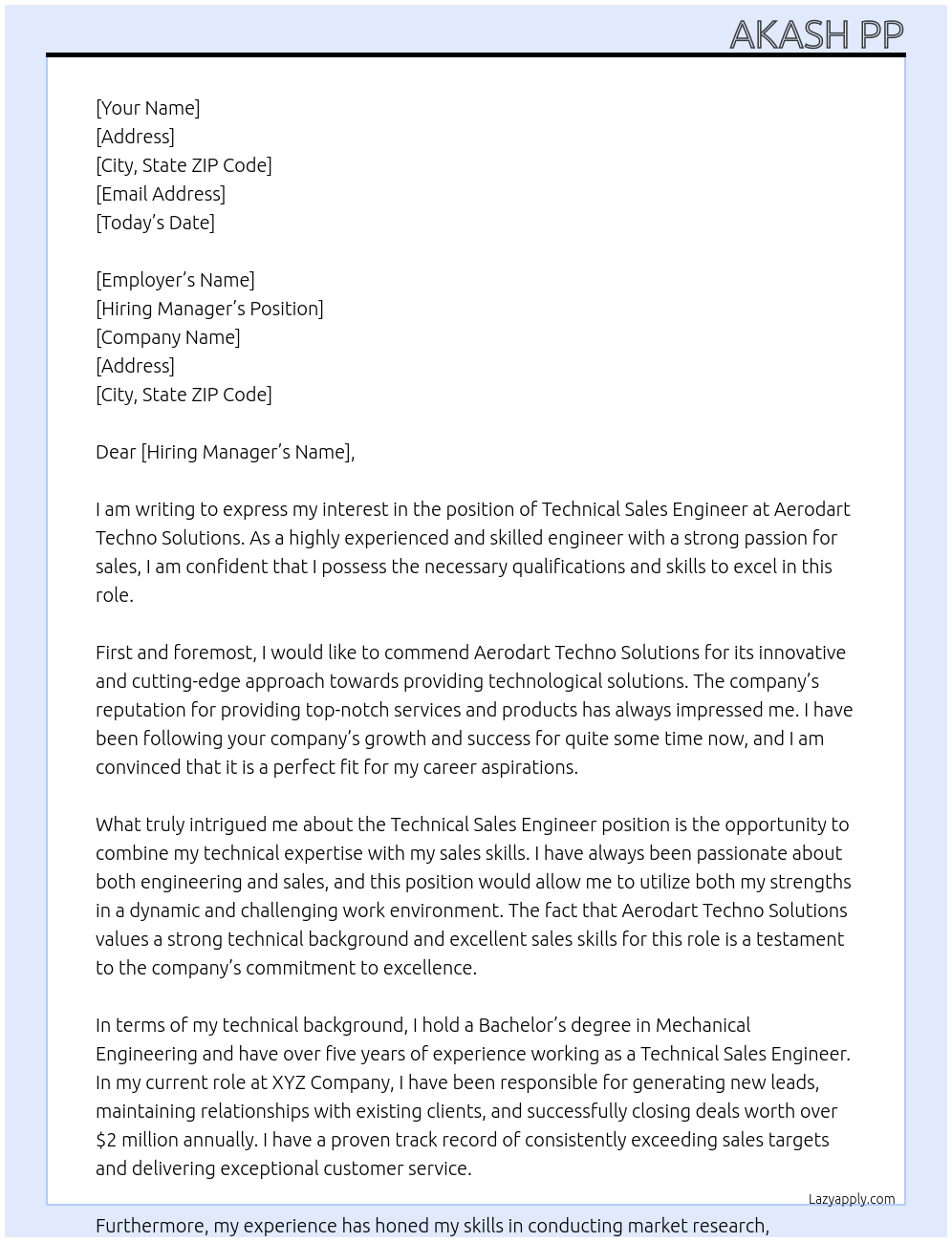 Technical Sales Engineer At Aerodart techno solutions Cover Letter