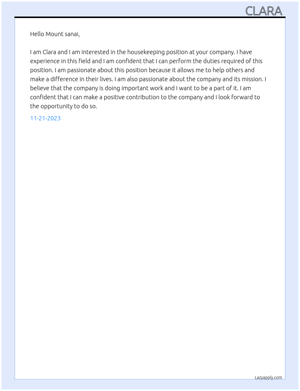 Housekeeping At Mount sanai Cover Letter
