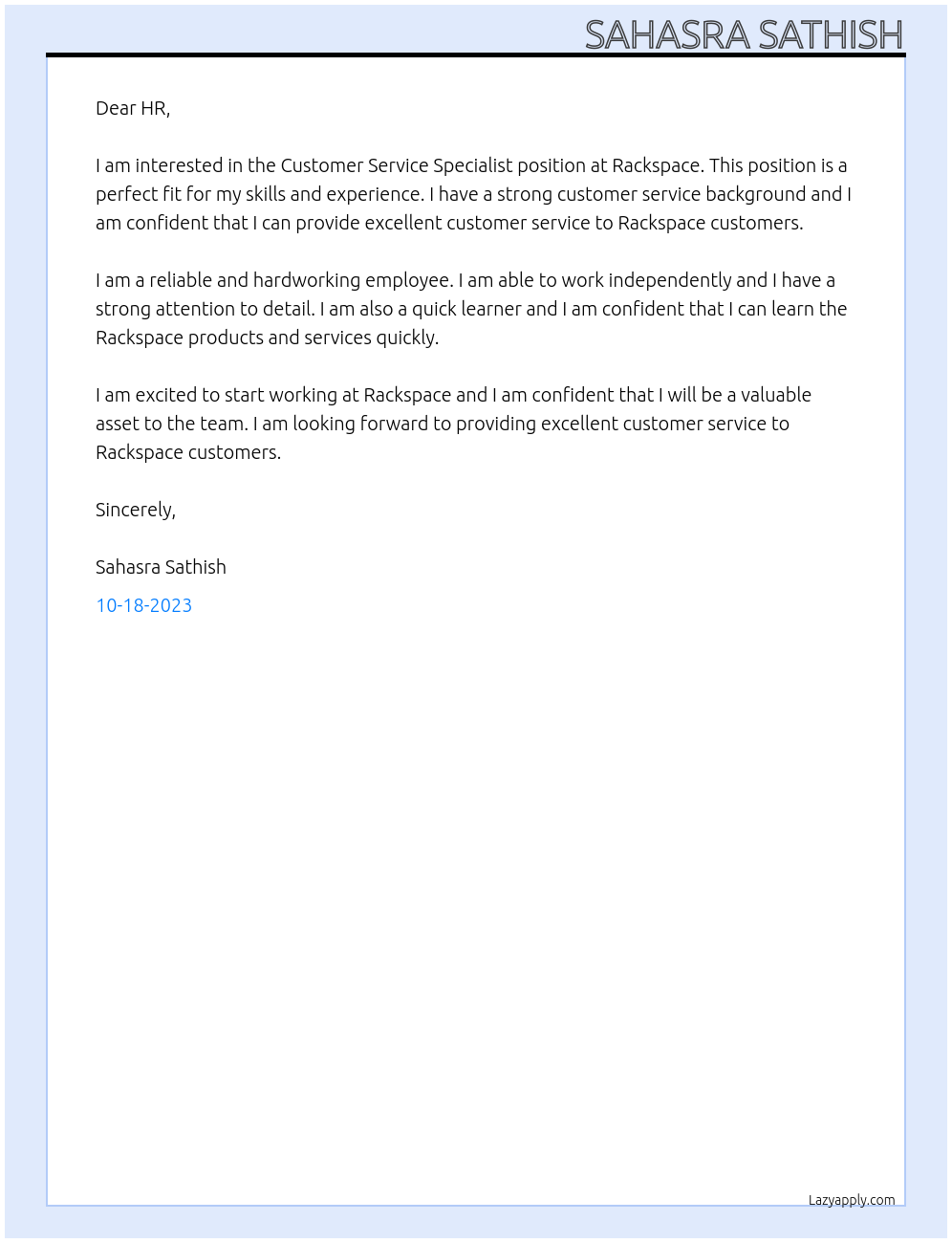 Customer Service Specialist At Rackspace Cover Letter