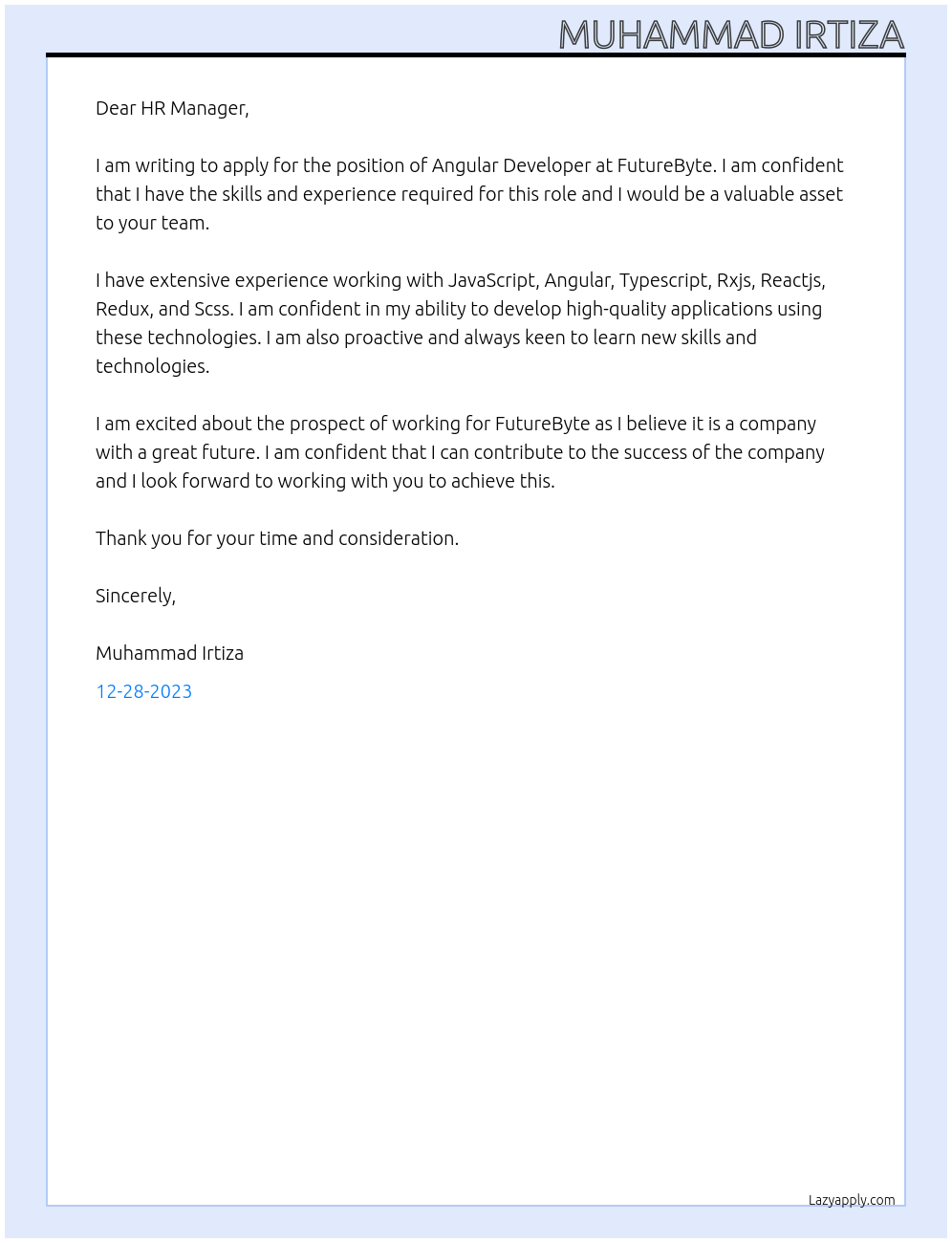 Angular Developer At FutureByte Cover Letter