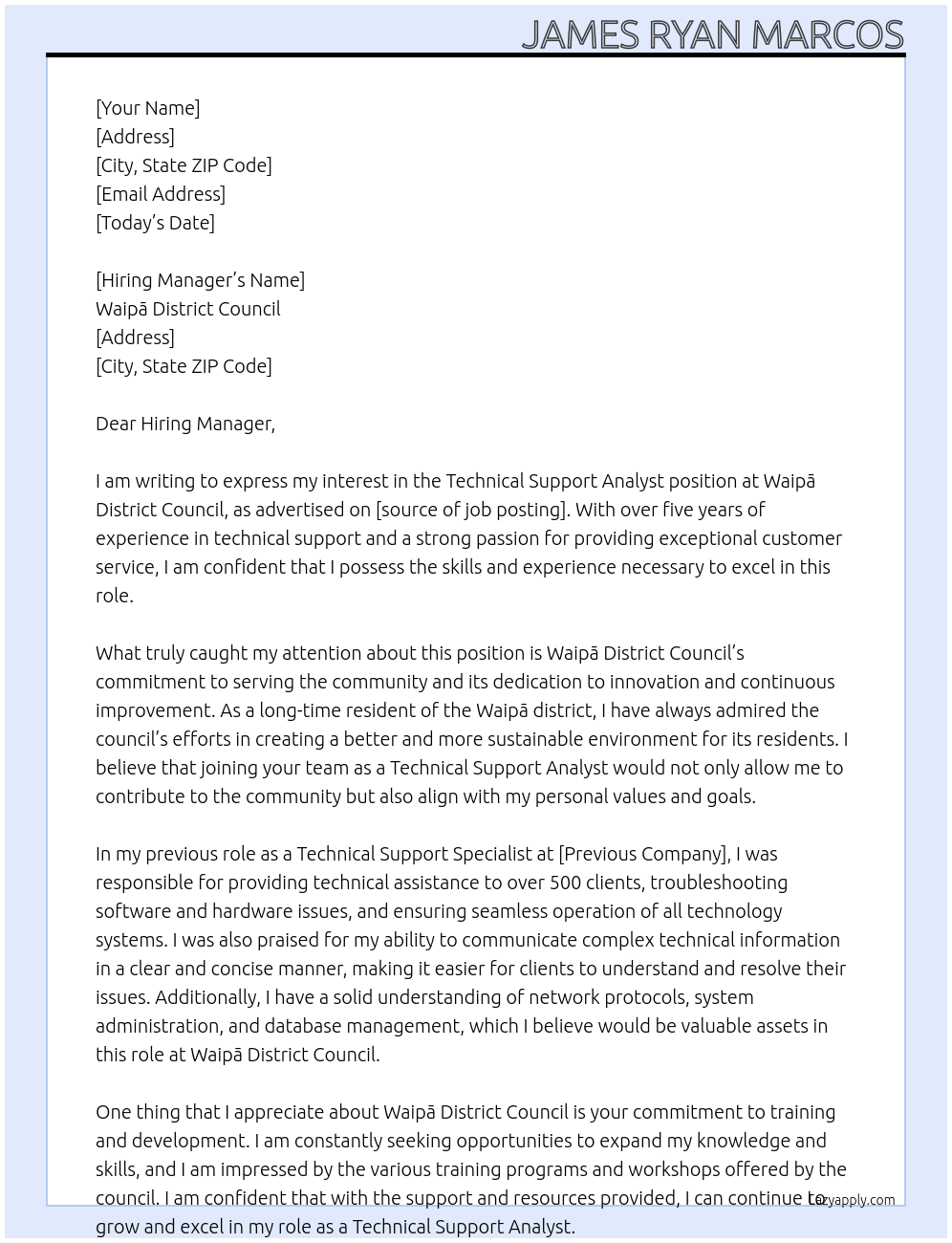 Technical Support Analyst At Waipā District Council Cover Letter