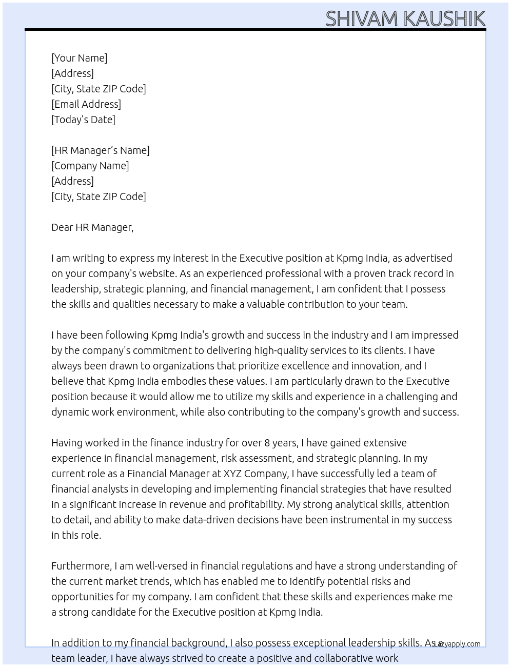 Executive At Kpmg India Cover Letter