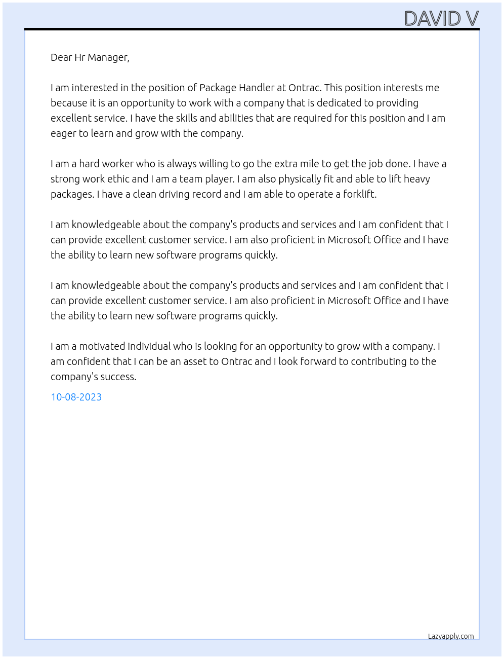 Package Handler At Ontrac Cover Letter