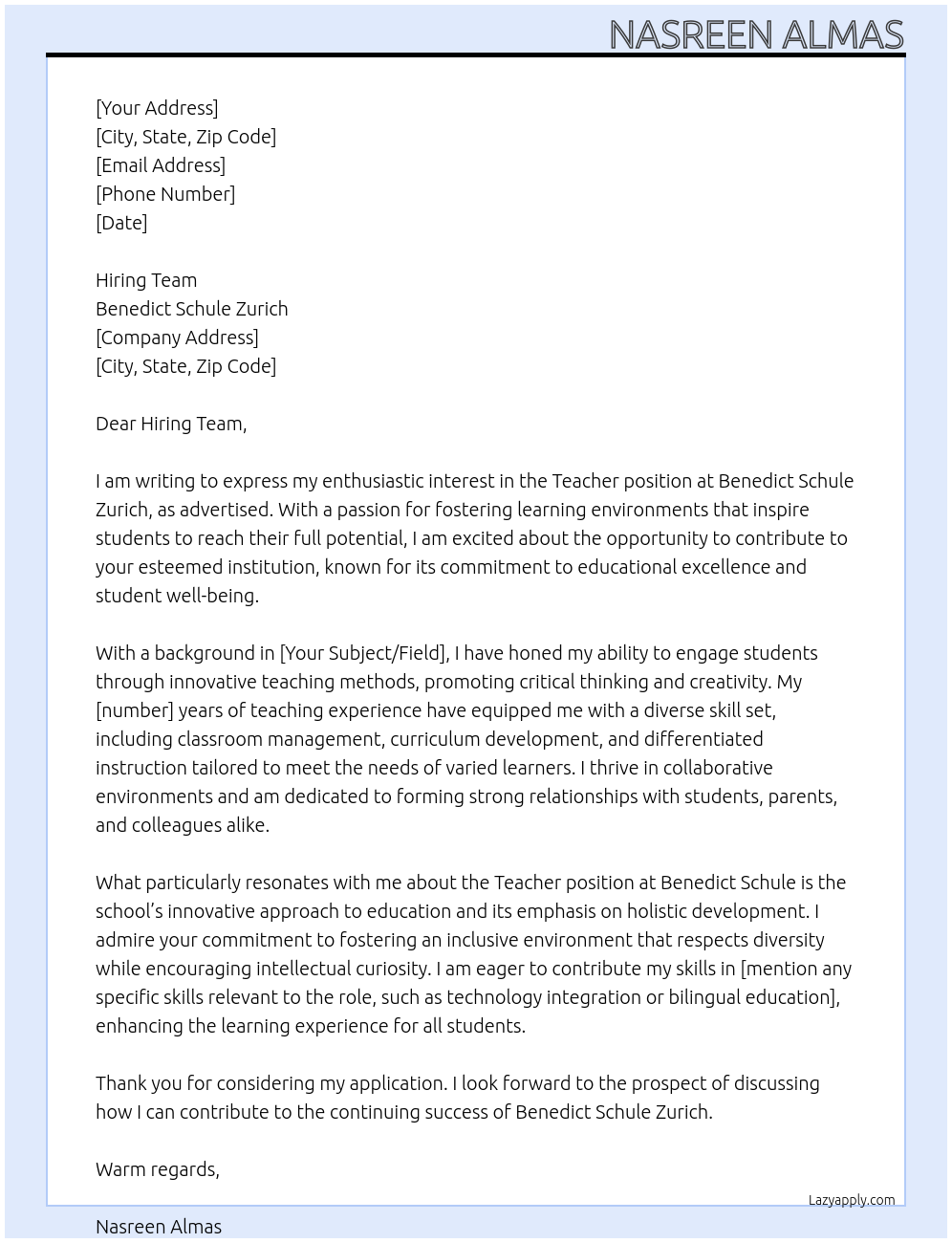 Teacher At Benedict Schule Zurich Cover Letter
