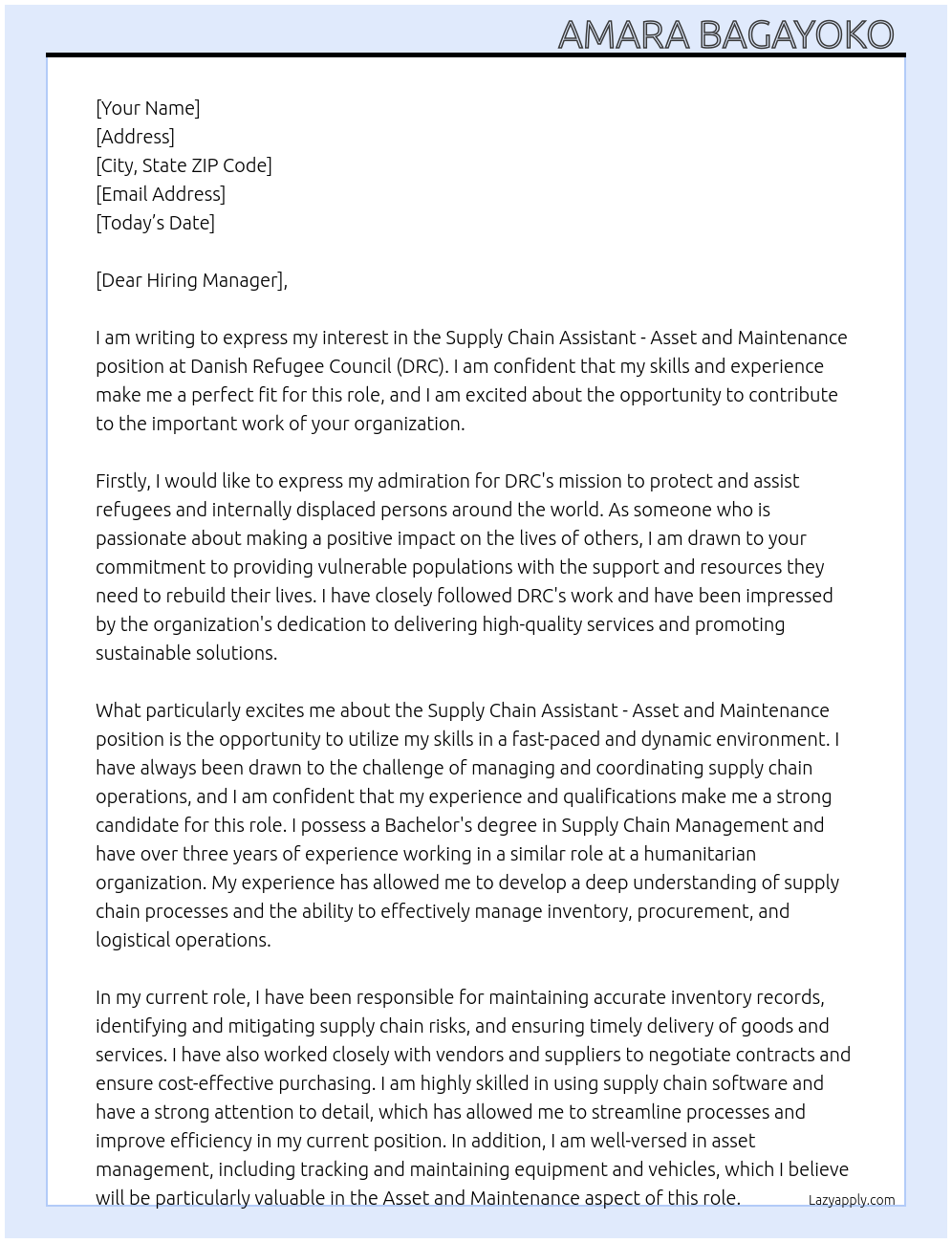 Cover letter for supply chain assistant - asset and maintenance - LazyApply