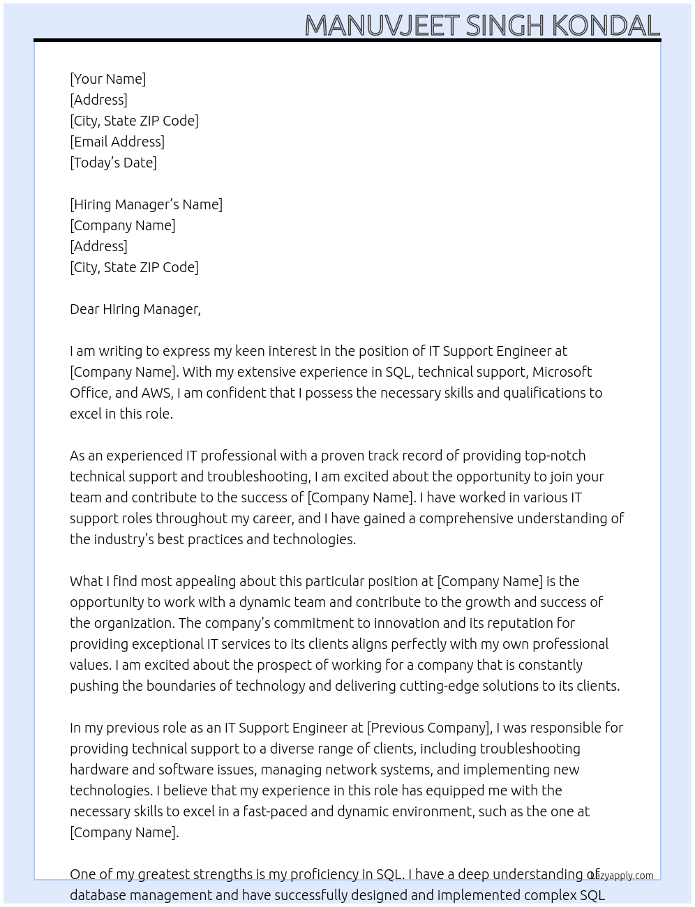 IT Support Engineer At organisation Cover Letter