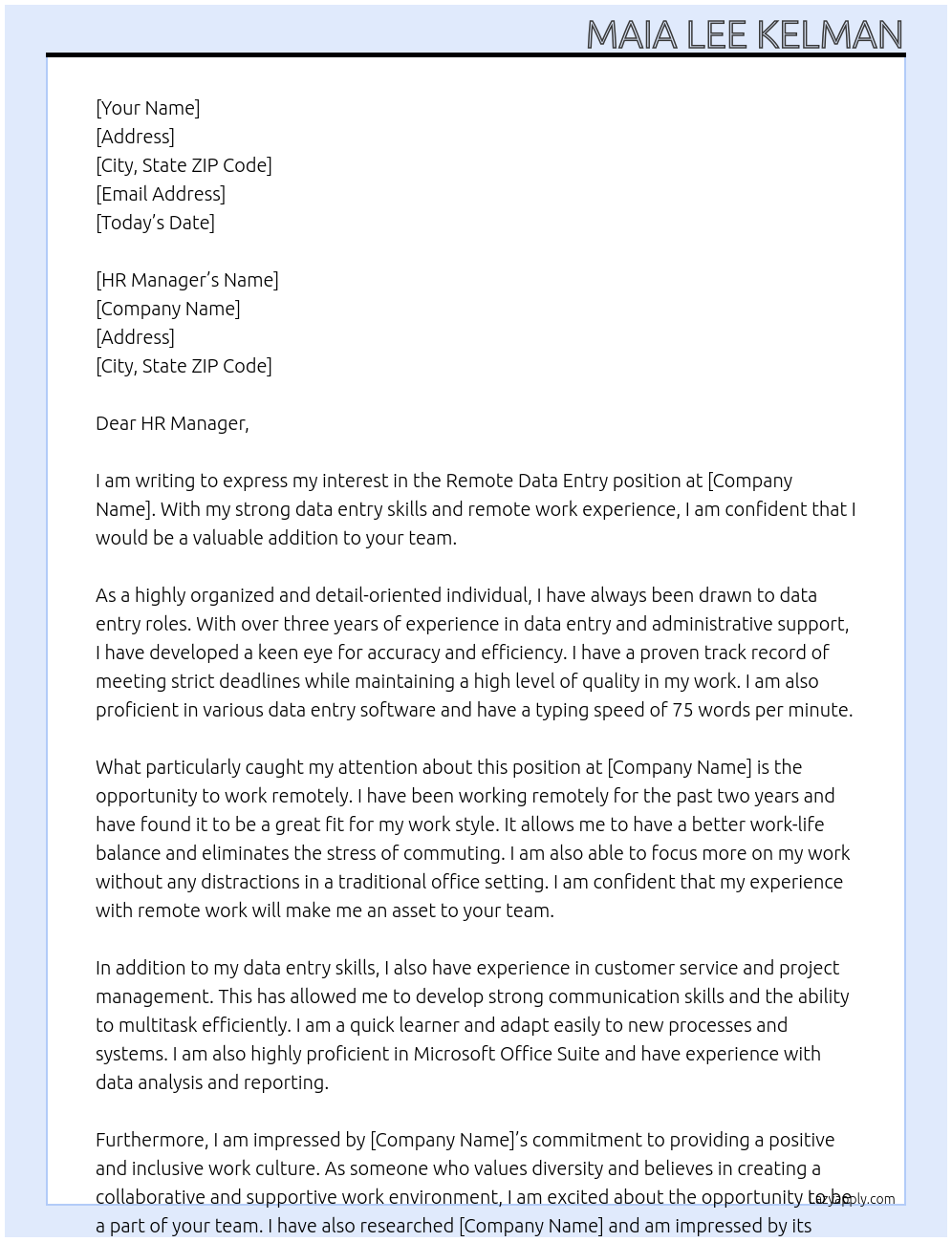 date entry remote At TO WHOM IT MAY CONCERN Cover Letter
