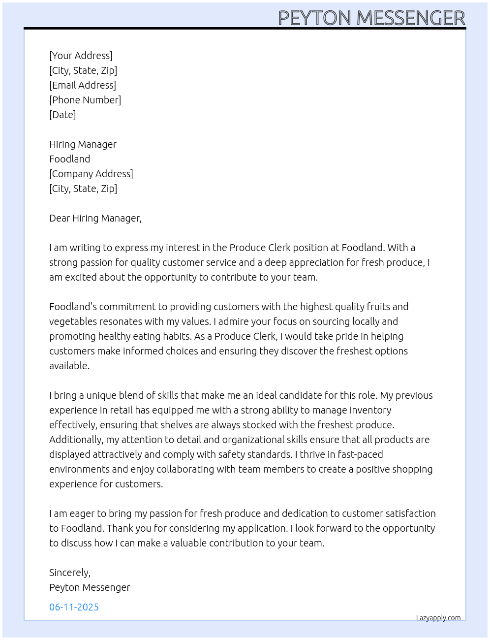 produce clerk At Foodland Cover Letter