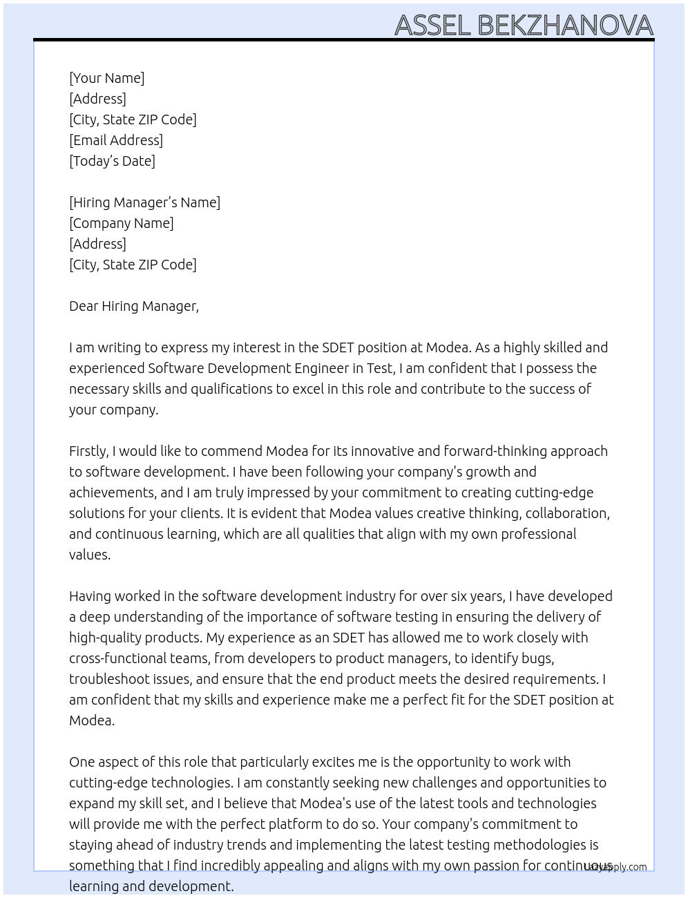 SDET At Modea Cover Letter