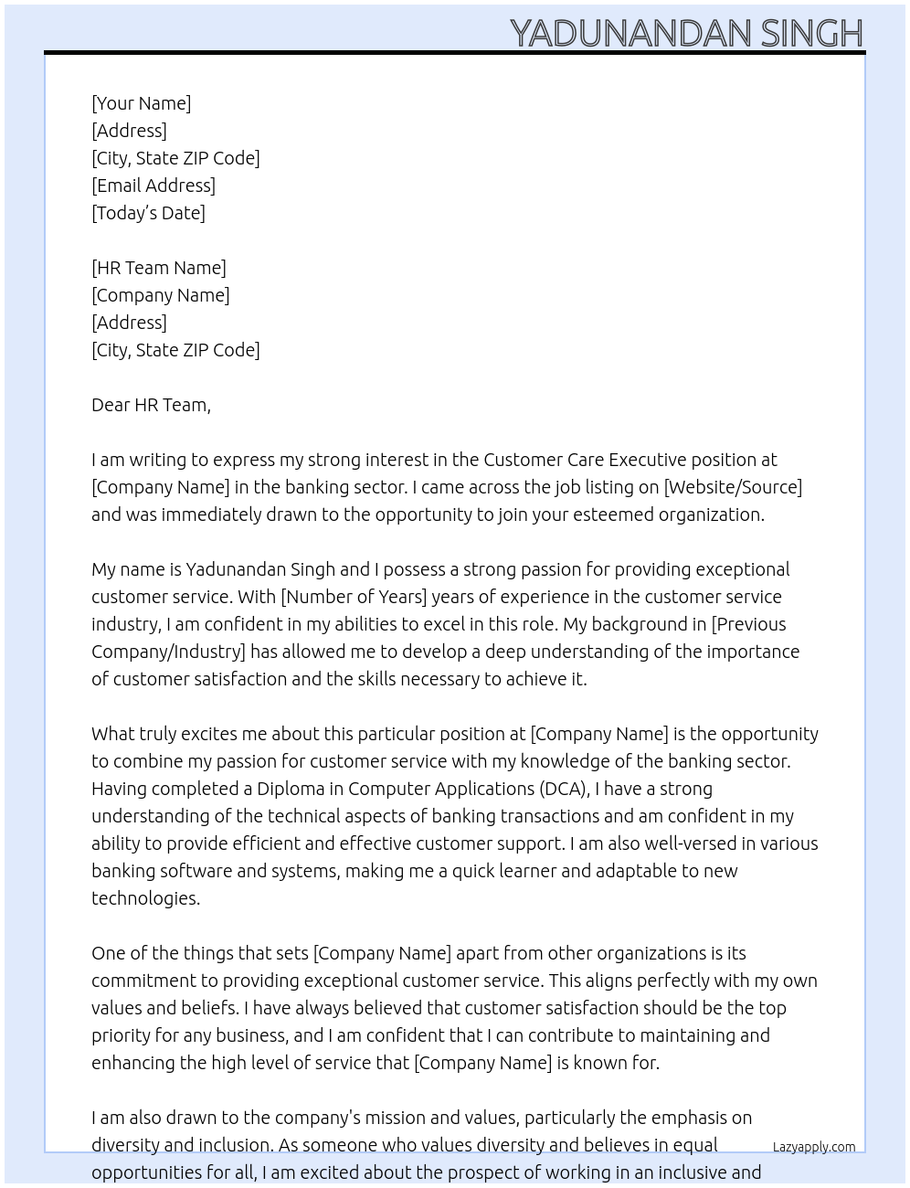 Customer care executive At Banking sector Cover Letter