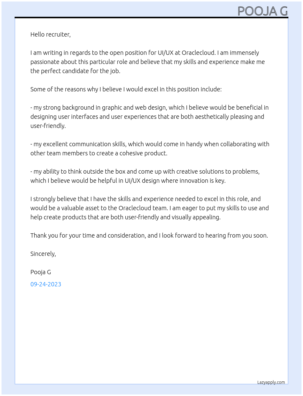 ui/ux At oraclecloud Cover Letter