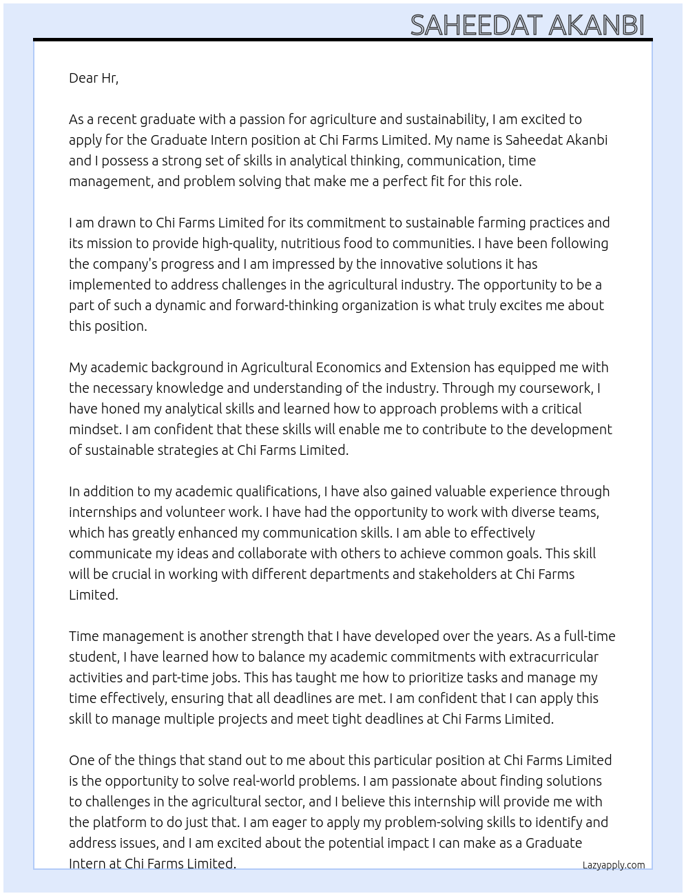 Graduate Intern At Chi Farms Limited  Cover Letter