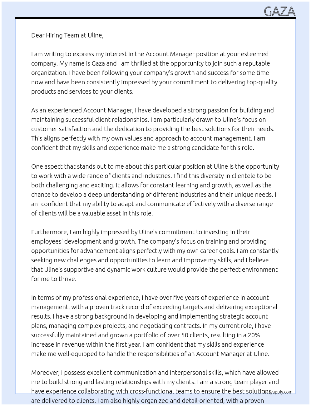 Account Manager At Uline Cover Letter