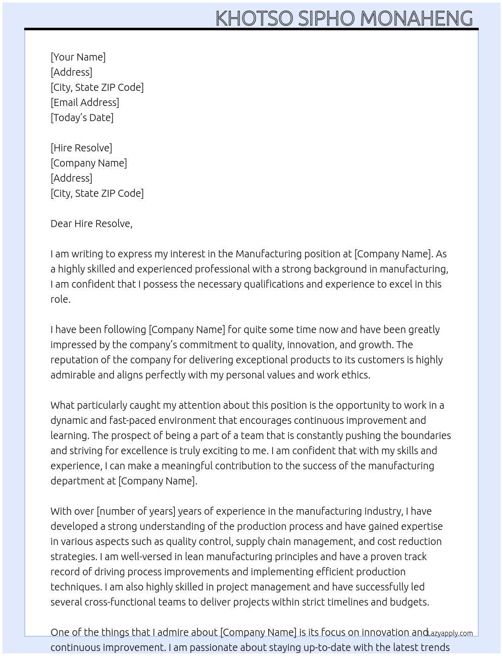 Manufacturing At Company  Cover Letter