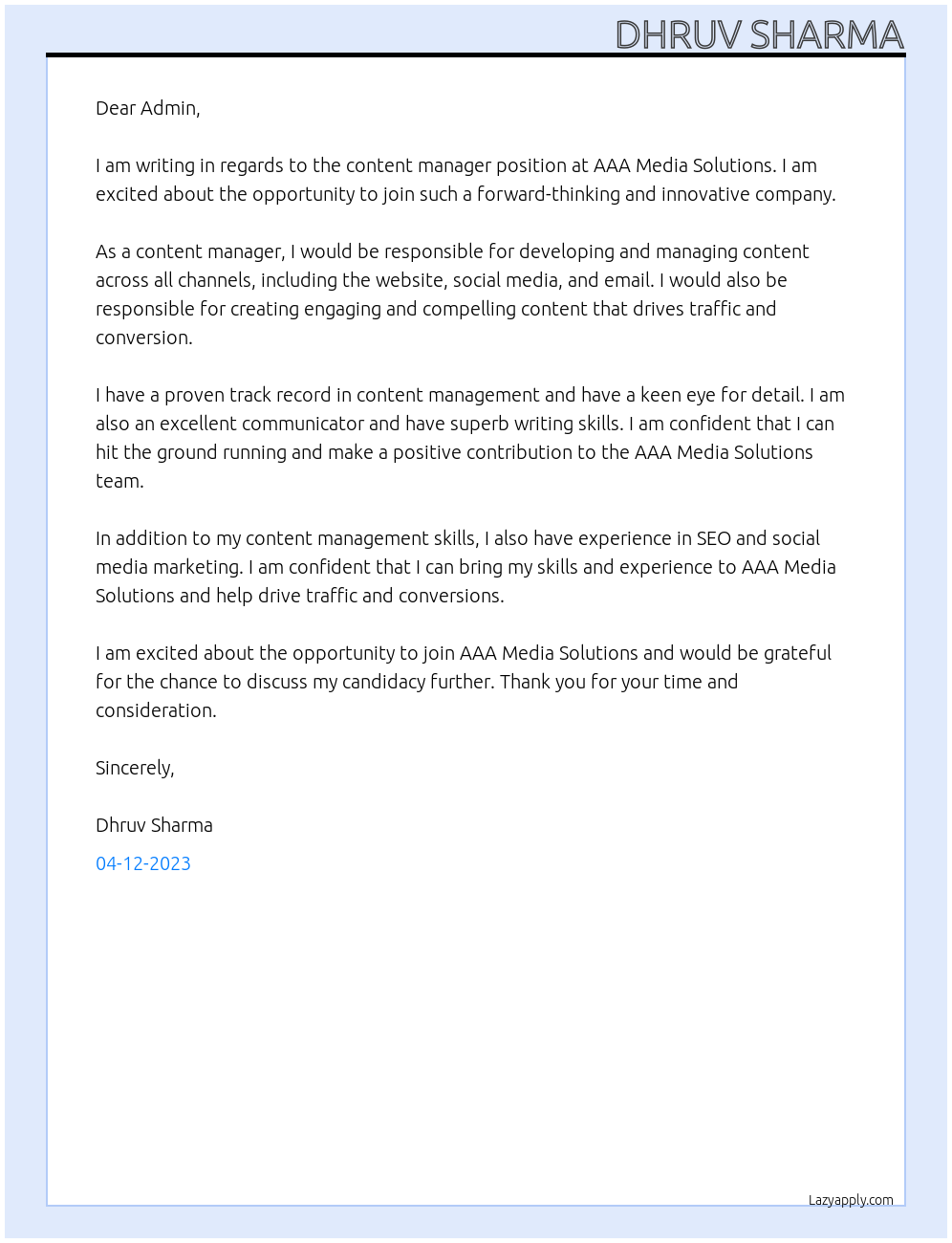 Content Manager At AAA Media Solutions Cover Letter