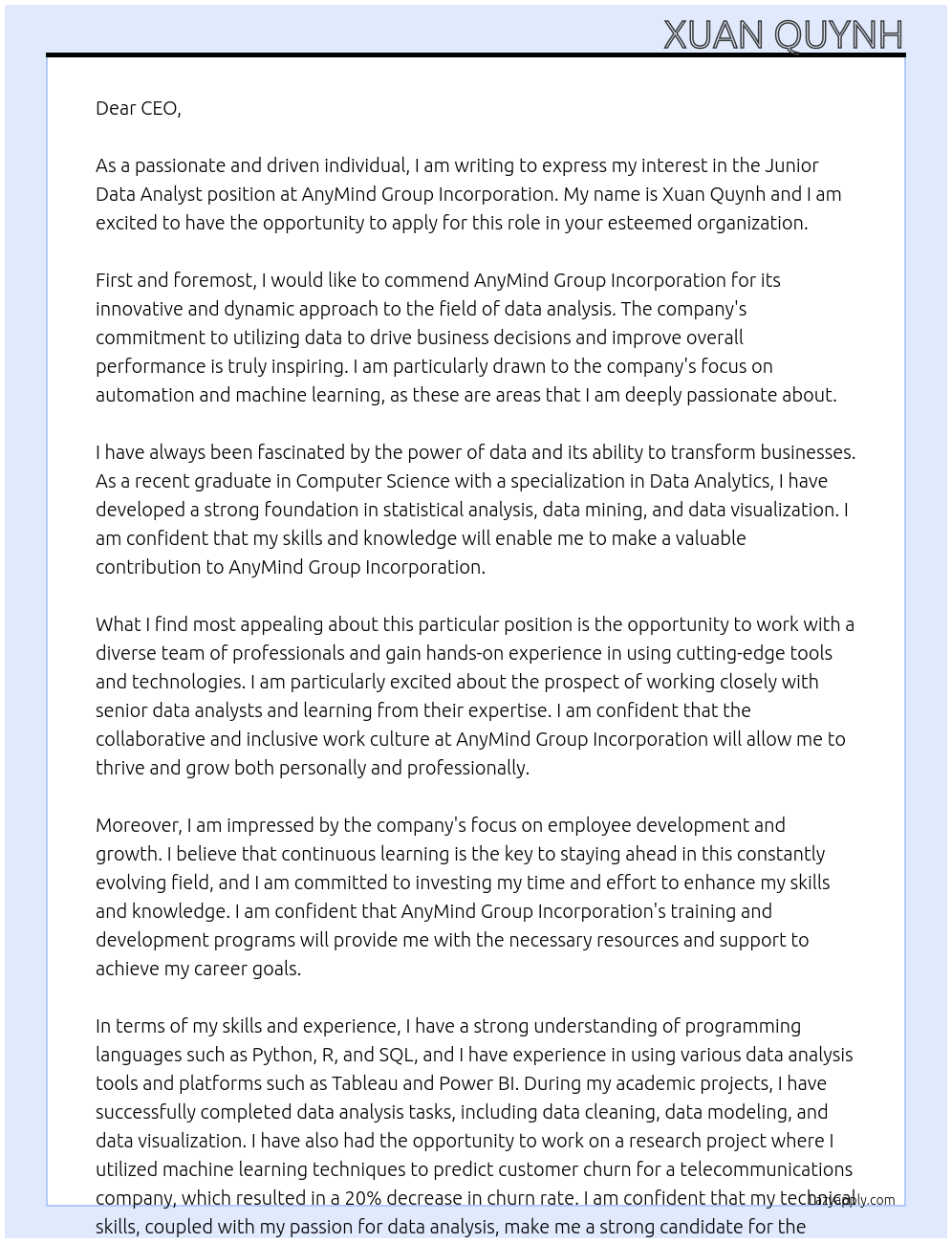 Junior Data Analyst At AnyMind Group Incorporation Cover Letter