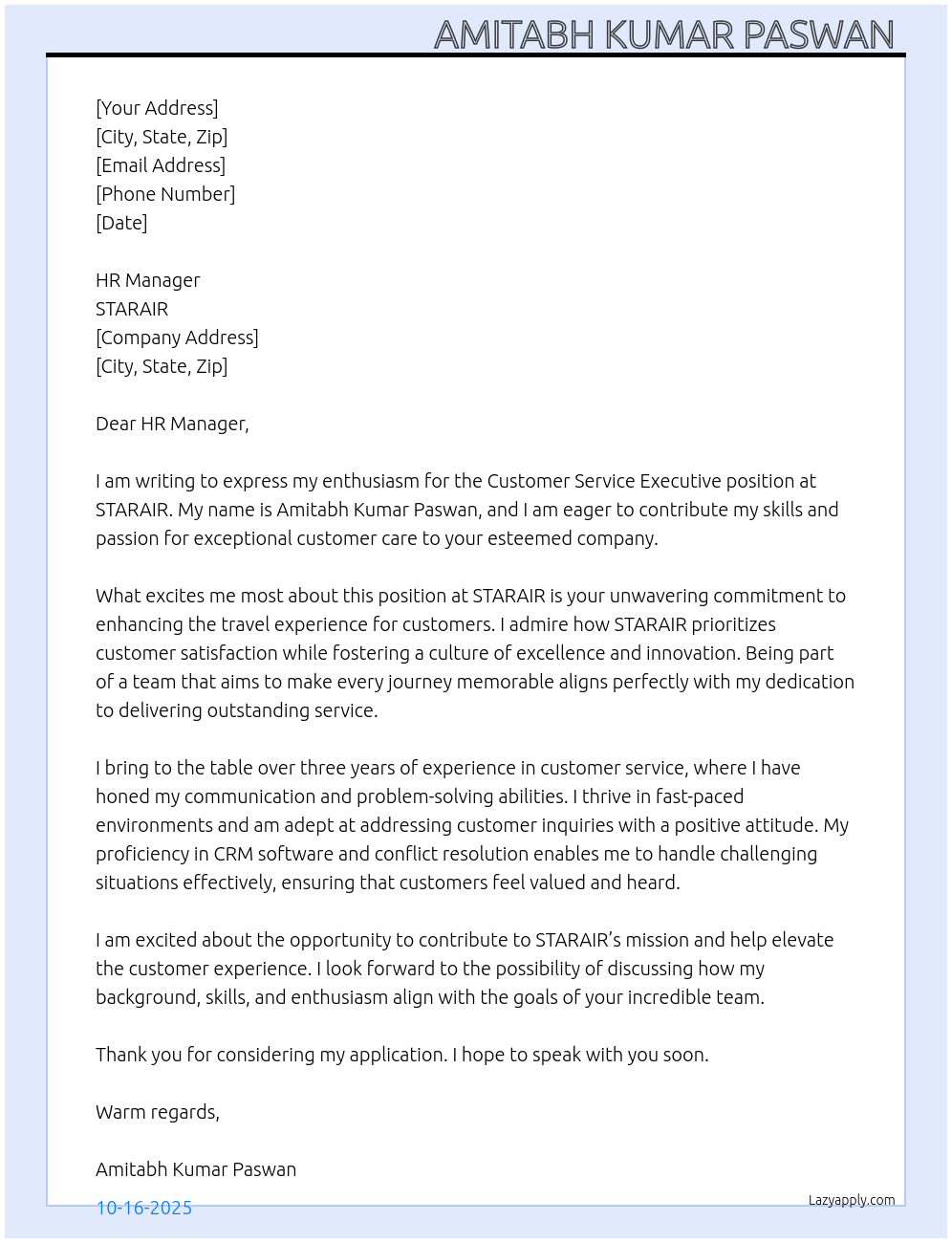 Cover letter for customer service executive - LazyApply