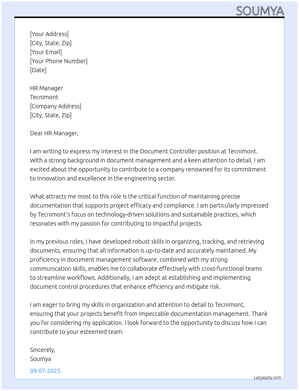 Document controller At Tecnimont Cover Letter