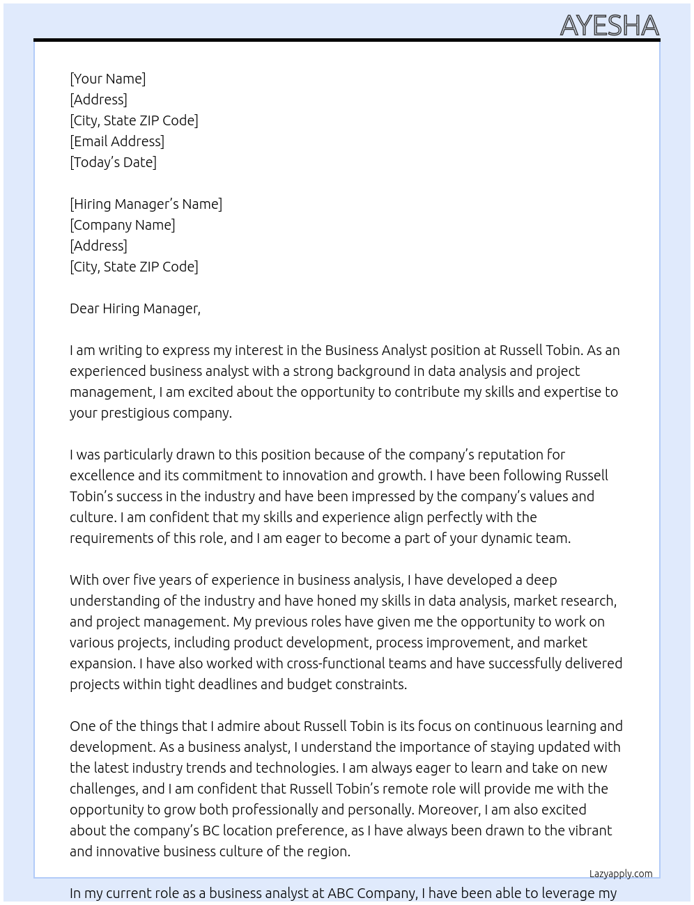 Business Analyst At Russell Tobin Cover Letter