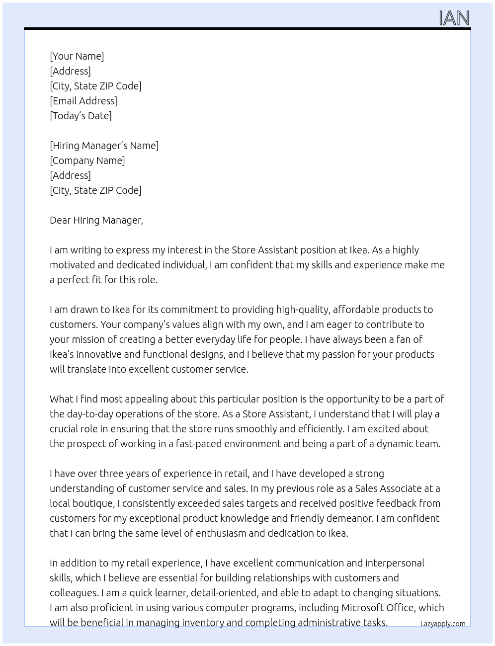 Store assistant At Ikea Cover Letter