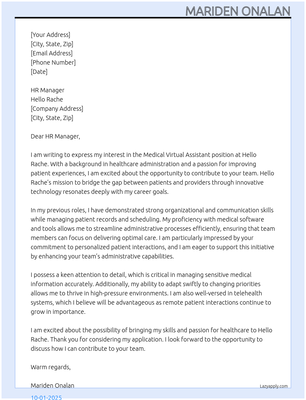 MEDICAL VIRTUAL ASSISTANT At HELLO RACHE Cover Letter