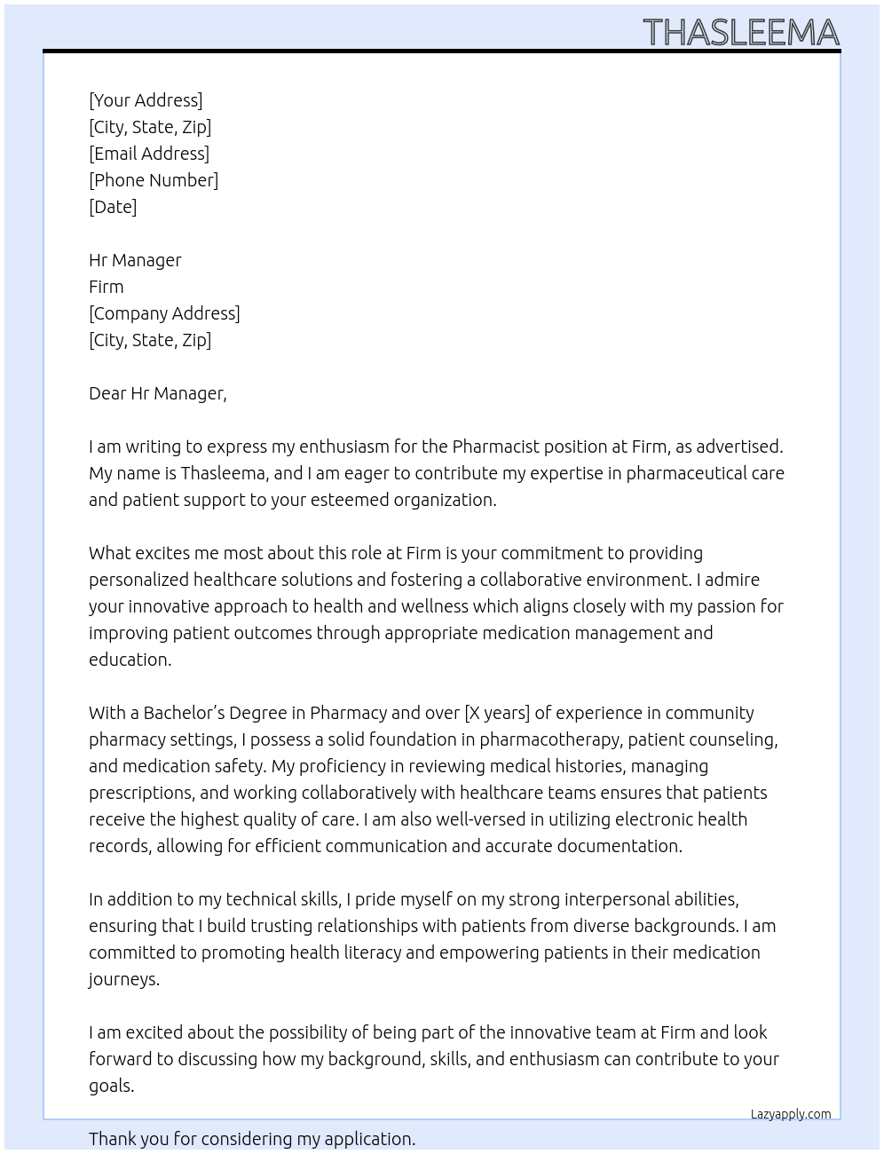 pharmacist At firm Cover Letter