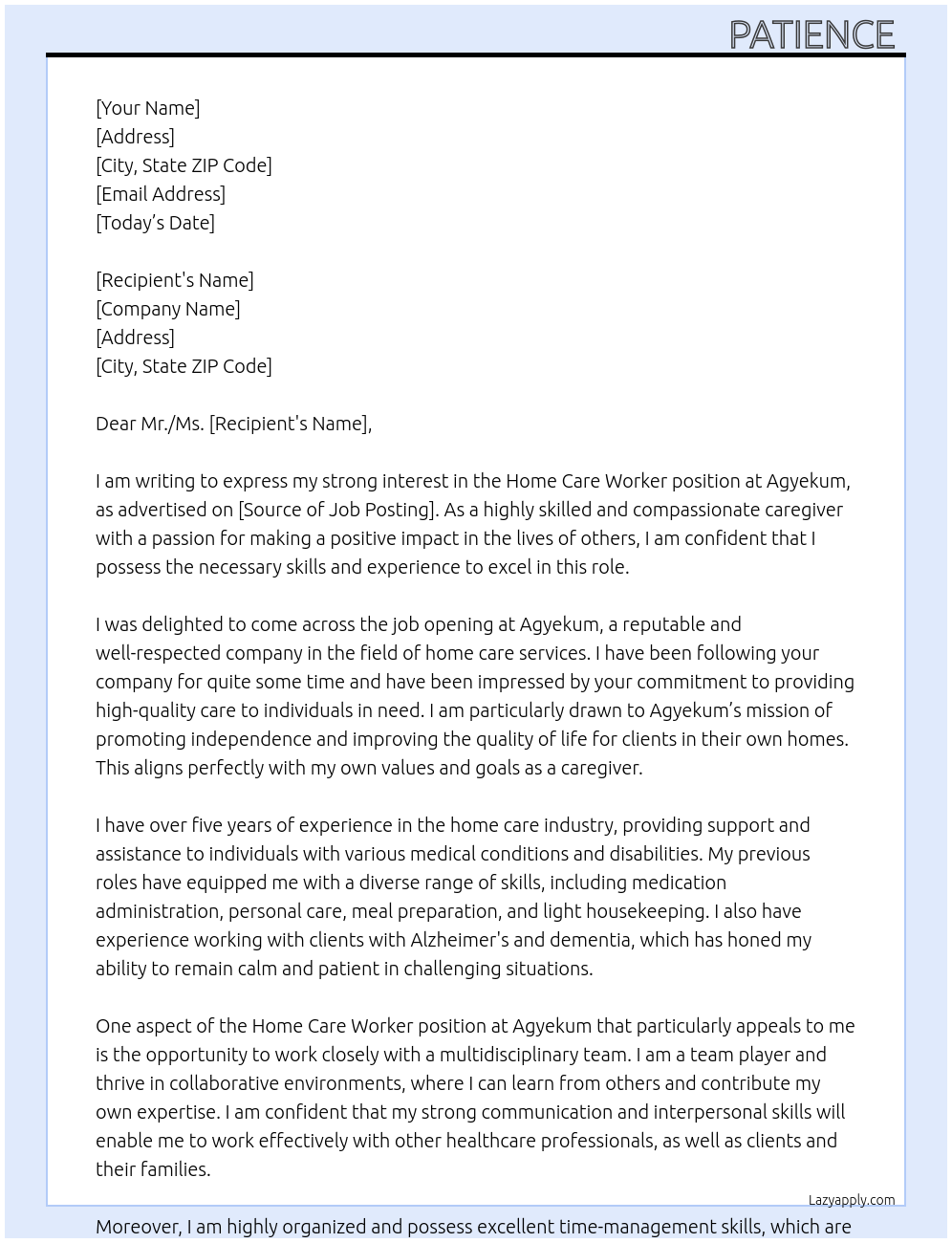 Home care worker At Agyekum  Cover Letter