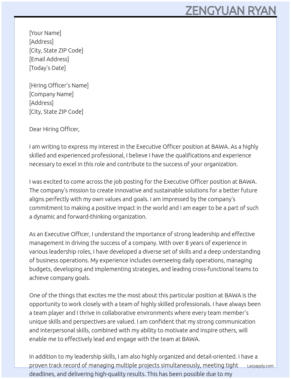 Executive Officer At BAWA Cover Letter